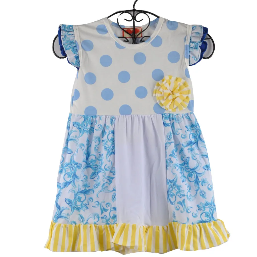 

New Flowers Girl Dress Summer Baby Girl Clothing White Blue Dolt Dress Boutique Remake Cute Girls Dress DX036