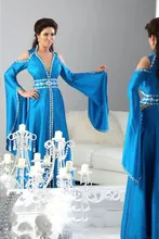 2017 Muslim Evening Dresses A line Deep V neck Blue Crystals Long Sleeve Islamic Dubai Abaya