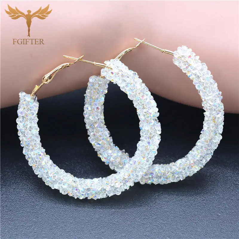 Blue Crystal Round Earrings for Women 48mm Big Hoop Earrings Gold Silver Color Cuff Hoops Woman Earrings Circles Jewelry - Окраска металла: White Gold