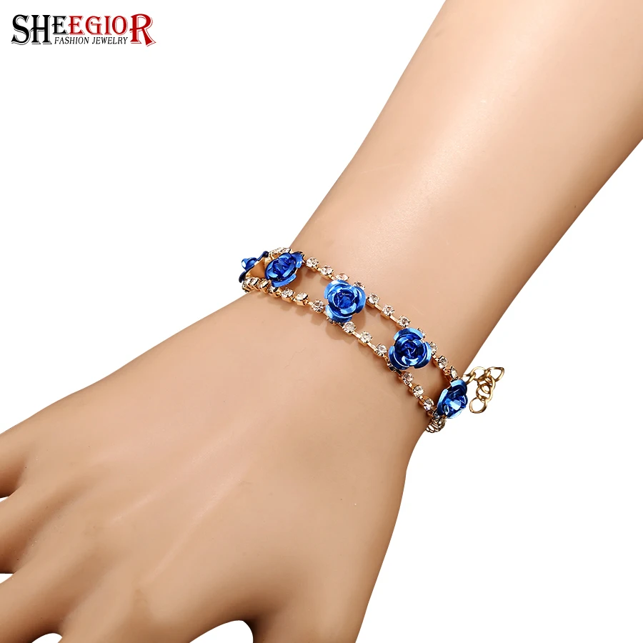 

SHEEGIOR New Fashion Jewelry Trendy Blue Flower Charm Bracelets & Bangles Rhinestone Gold color Chains Bracelet Femme for Women