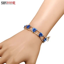 SHEEGIOR New Fashion Jewelry Trendy Blue Flower Charm Bracelets & Bangles Rhinestone Gold color Chains Bracelet Femme for Women