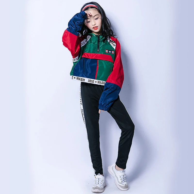 

Jazz Costume Girls Kids Hip Hop Dance Costumes Color Matching Loose Long Sleeved Tops Pants Street Dancing Clothes Wear DNV10422