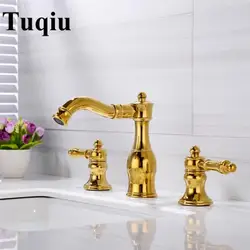 Смеситель для умывальника полированное золото североамериканский стиль Ванная комната раковина кран Широкое 3 отверстия Ванная комната