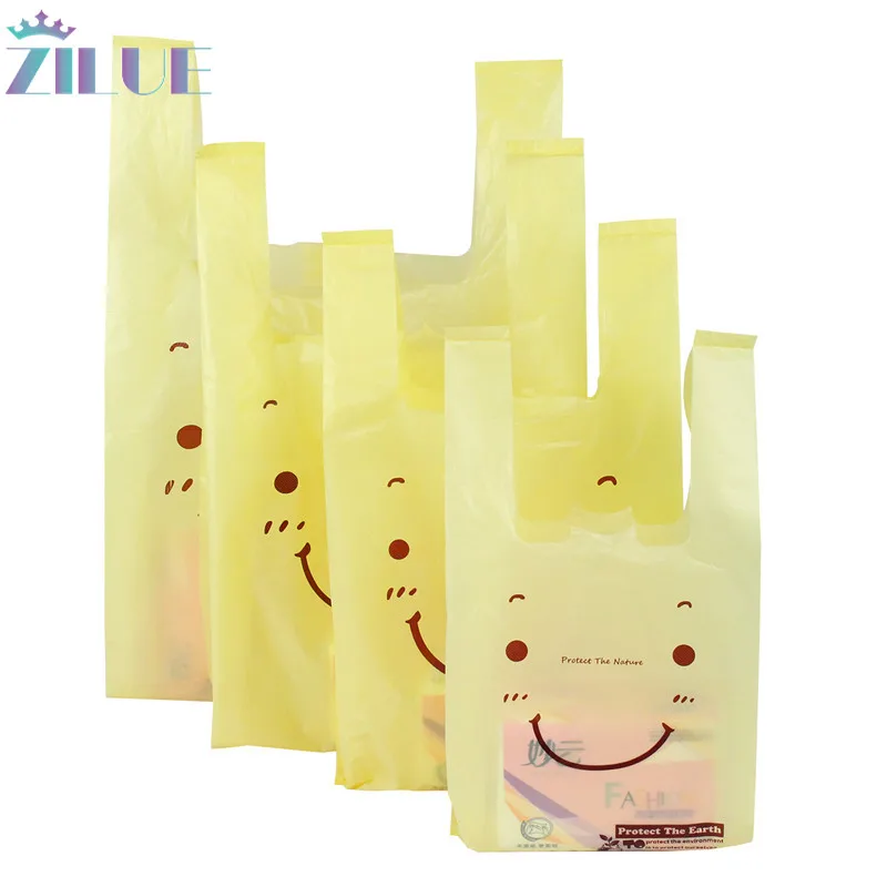 

Zilue 50pcs/Lot Yellow Colors Smiling Face Bag Supermarket Shopping Plastic Bags Packaging Milk Food Clothes Bags Home Supply