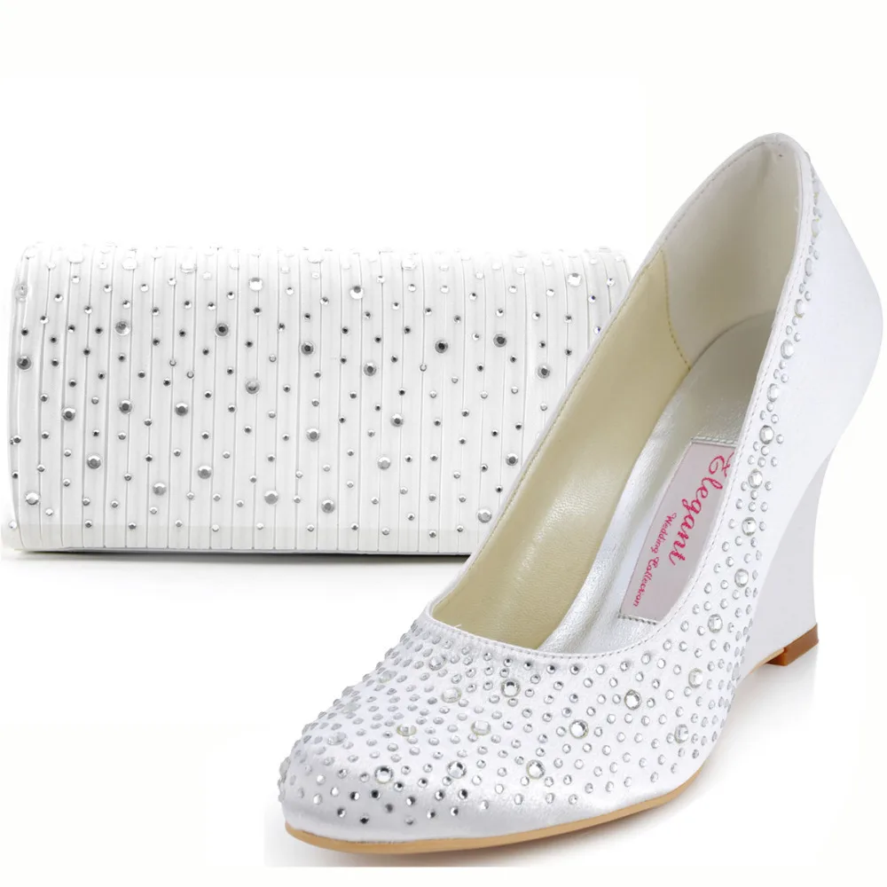 New Arrival Wc1409b Round Toe Rhinestone 3 5 Wedge Heel Satin
