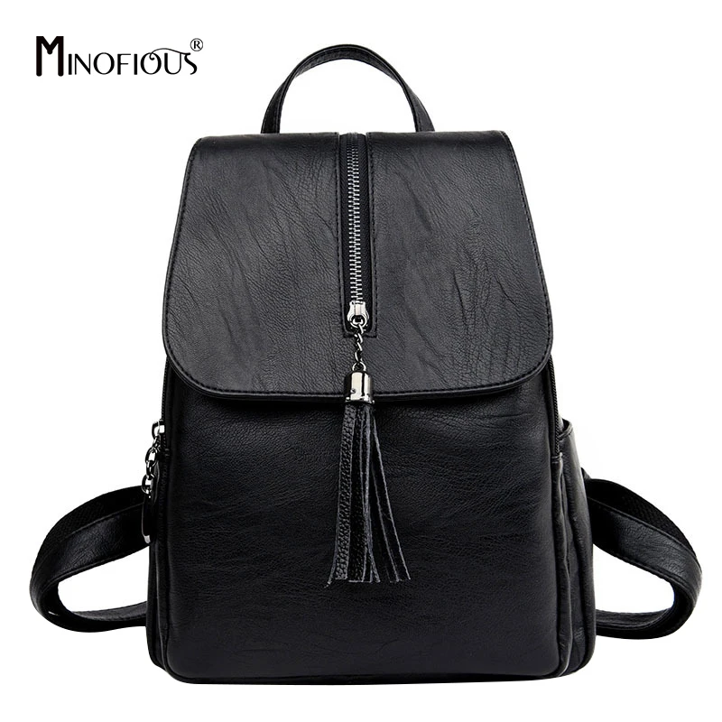 MINOFIOUS Fashion Women Backpacks Tassel PU Leather Solid School Bags for Teenager Girls Casual Female Travel Backpack mochila