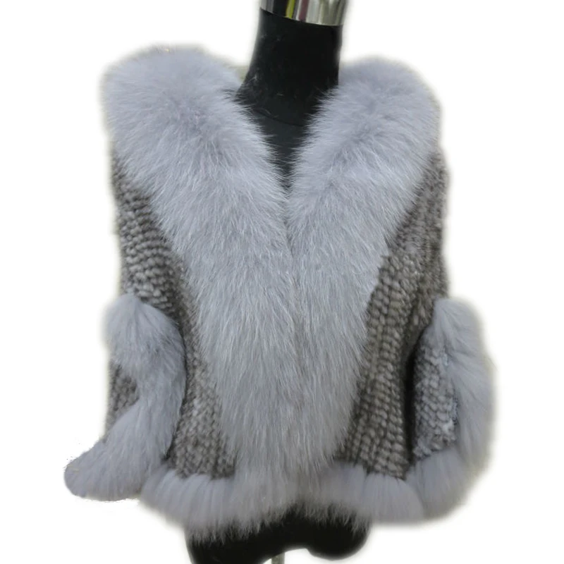 

Women Winter Cape Real best Mink Fox Fur Collar with Sleeves Poncho Coat Gray