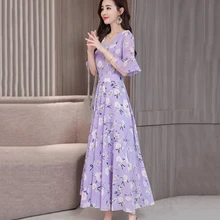 Женское длинное платье макси с цветочным рисунком, летние праздничные пляжные вечерние Сарафаны с v-образным вырезом в стиле бохо