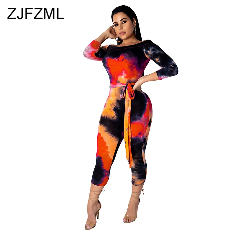 قبالة الكتف ثوب فضفاض إمرأة بذلة الصيف التعادل صبغ طباعة كم طويل Bodycon عموما عارضة مائل عارية الذراعين حزب ارتداءها
