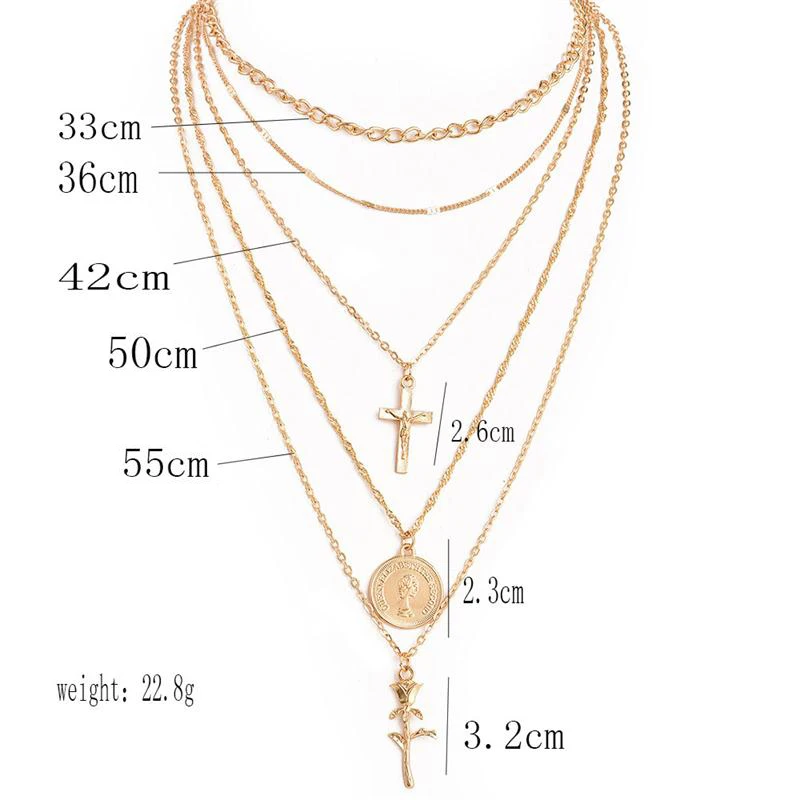 Fashion-Exquisite-Rose-Flower-Cross-Round-Chain-Pendant-Multilayer-Long-Necklace-Women-Bohemian-Gold-Necklace-Set