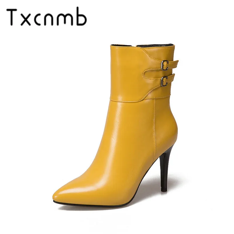 

TXCNMB New Cow Leather High Heel Boots Women Mid-calf Boots Black Office Dress Shoes Autumn Winter Shoes Woman Size 41 42 43