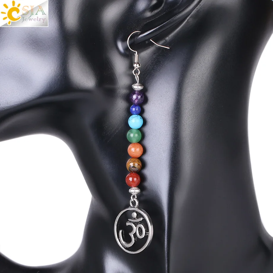 CSJA Vintage 7 Chakra 3D Long Fringed Statement Drop Earrings for Women Natural Stones Round Beads Reiki Healing Jewelry E708