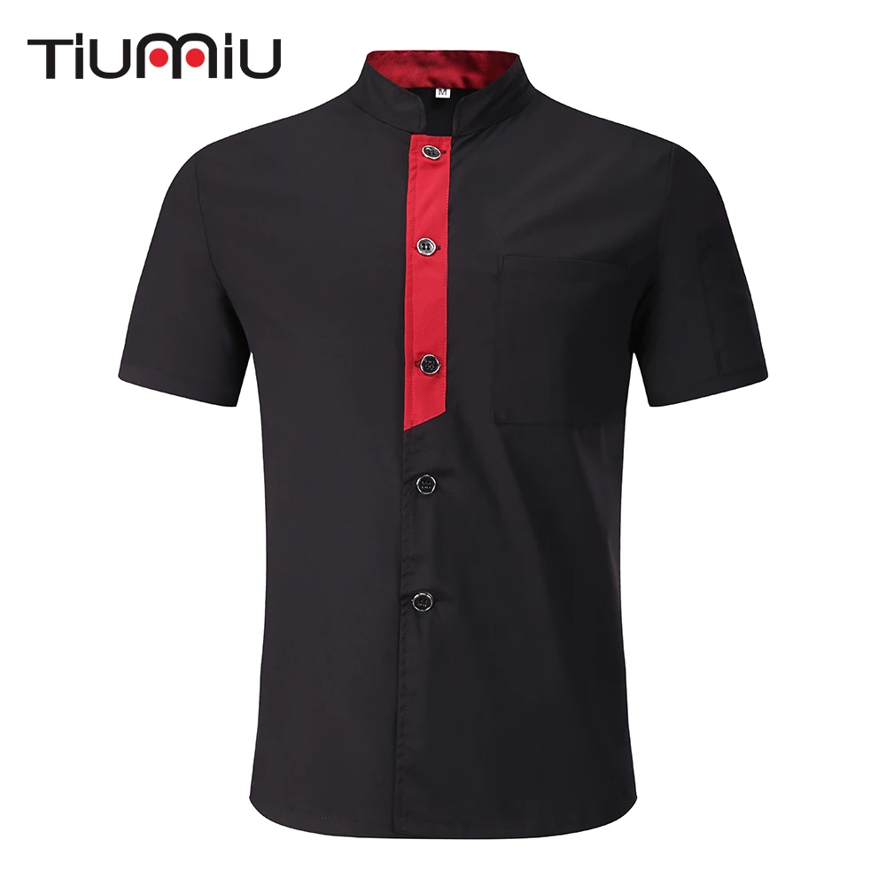 

4 Colors M-3XL New Arrival Unisex Kitchen Chef Uniforms Short Sleeves Breathable Patchwork Chef Jacket Apron Bakery Food Service
