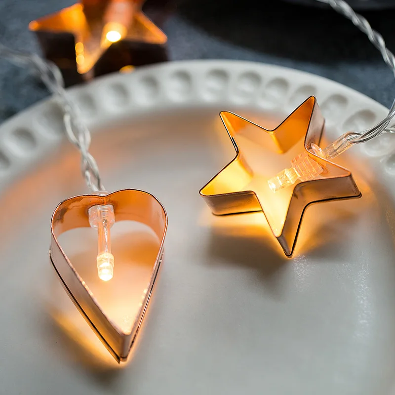 

Nordic Rose Gold Hollow Stars Heart Shape Battery USB String Lights 6m LED Decor For Christmas Garland On The Window New Year