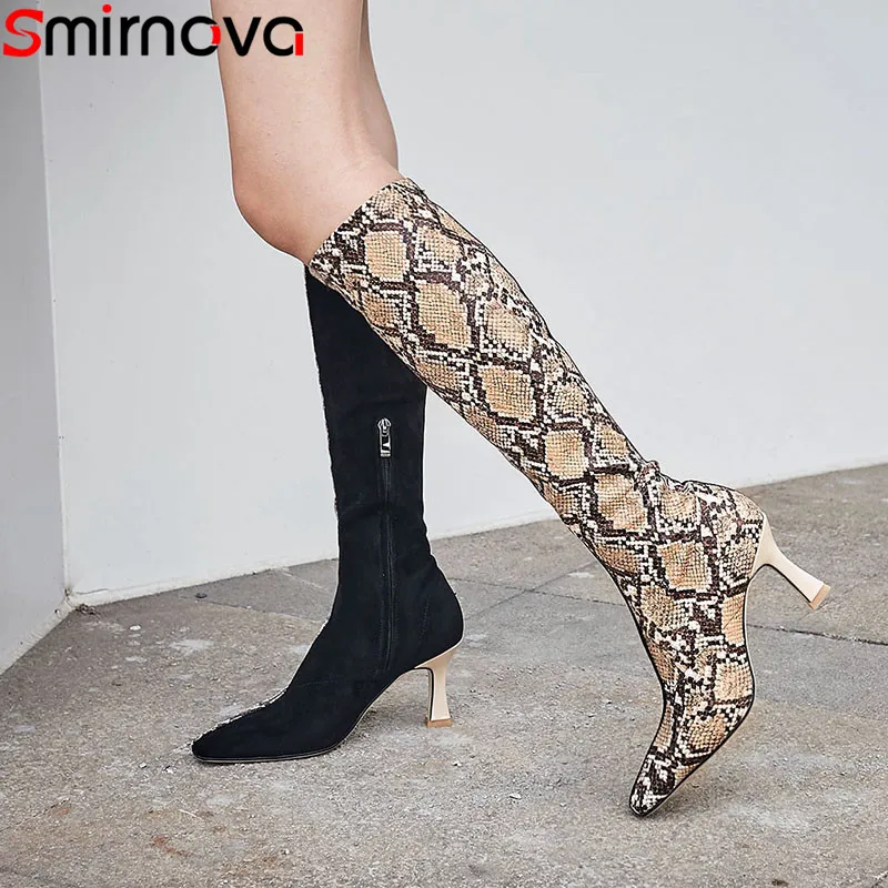 

Smirnova 2019 new knee high boots square toe zip mixed colors high heels shoes elegant ladies prom autumn winter boots women