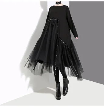 

2019 Spring Women Patchwork Lace Black Dress O-Neck Long Sleeve Loose Dresses Casual Solid Mid-Calf Long Dress