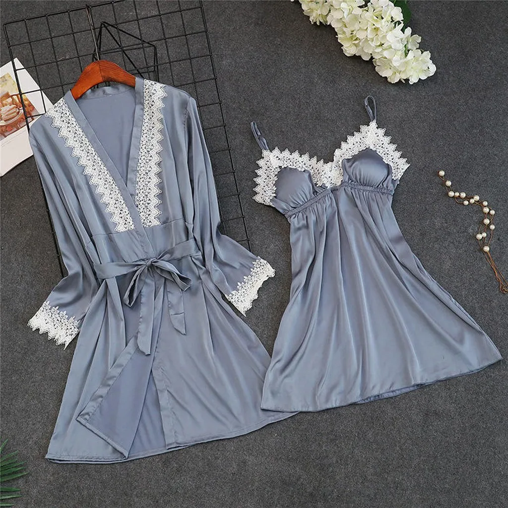 

Lingerie Women Silk Lace Robe Dress Babydoll Sleepwear Nightdress Nightwear Set Set Sexy Sleepwear Lace Pigiama Donna