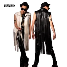 Длинный кожаный мотоциклетный жилет с кисточками, куртка для мужчин, модный жилет без рукавов, сценическое пальто, мужской певец, Звездные сценические костюмы