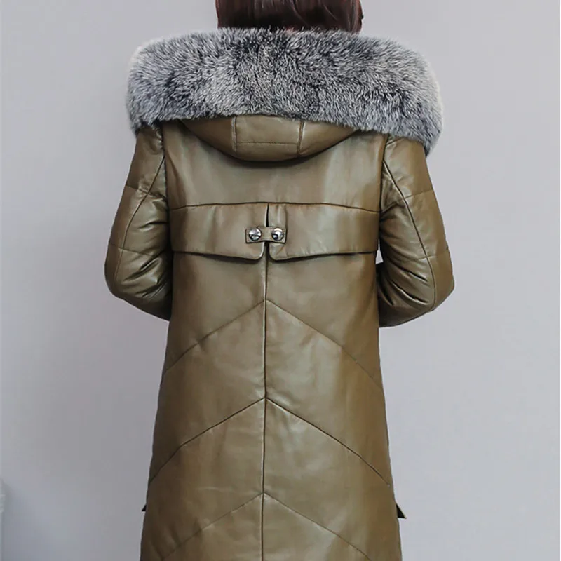 HANZANGL овчина пуховик зима Для женщин лисий мех кожаная куртка с капюшоном женский теплый толстый длинный пуховик