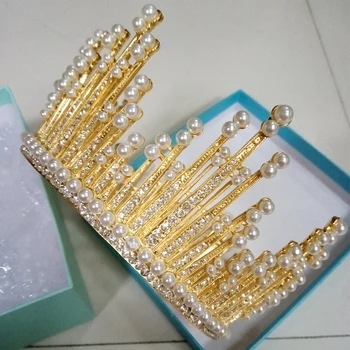 

New European Vintage Crown Tiara Full Circle Rhinestone Round Tiaras Pearls Tiara Crown Bridal Wedding Crowns Hair Accessories