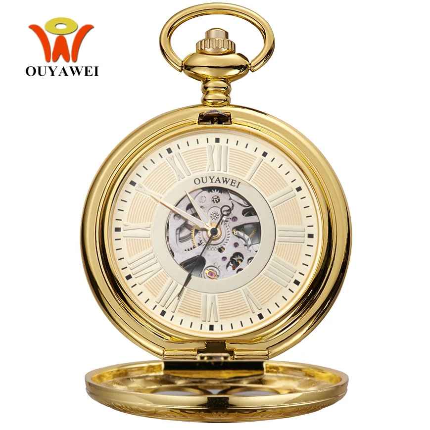 

2017 Luxury Gold Fashion Hand Wind Mechanical Pocket Watch Men Stainless Steel Transparent Roman numeral Skeleton Fob Watch Gift