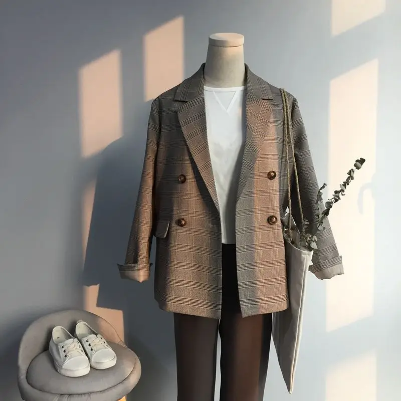 

2018 New Autumn Long Plaid Blazer Women Double Breasted Blazer Long Sleeve Office Suit Jacket Vintage Female Oversize Coat R1376