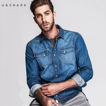 U & Shark Marke Stil Hellblauen Jeans Kragen-shirt Männer Casual Baumwolle Chemise 2016 Herbst Fashion Long Sleeve Denim hemd Männlich
