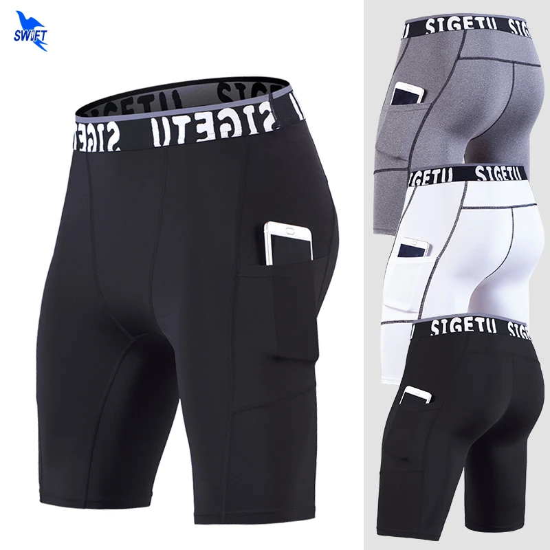 

Mens Compression Running Shorts with Pockets Sports Man Gym Fitness Training Short Pants Quick Dry Jogging Trunks Elastic Tights
