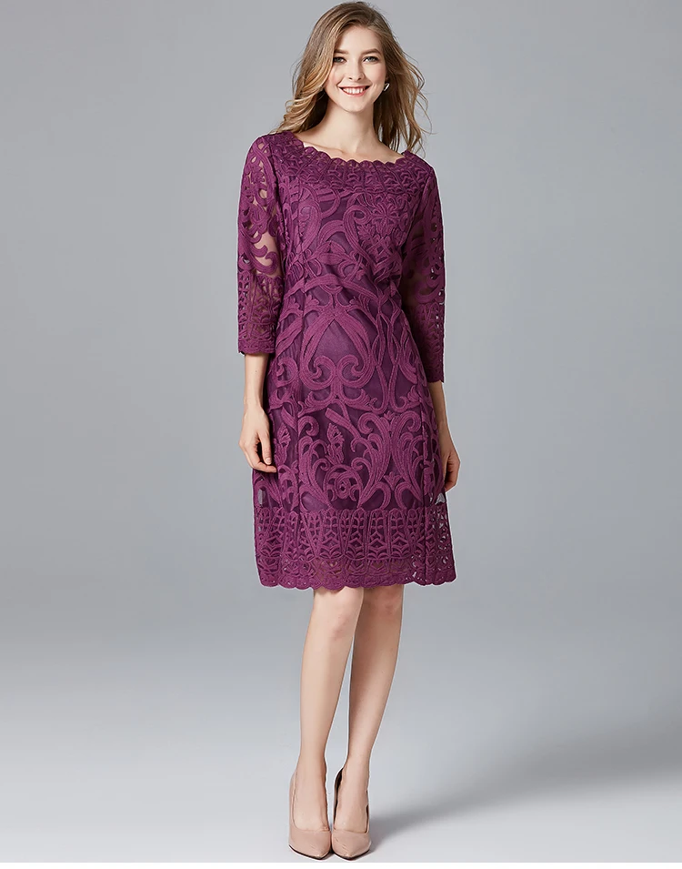 Queechalle/элегантное кружевное платье фиолетового цвета, осеннее платье для женщин, большие размеры, Открытое платье с вышивкой, вечерние платья