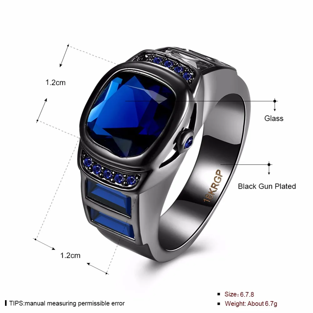 Luxurious Blue Square Cubic Zirconia Party Ring Accessorise Black Gun Color Rings For Womens Fashion Jewelry (JewelOra RI103311)