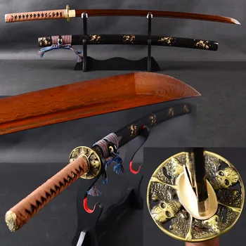 

Brandon Swords Damascus Steel Katana Handmade Sharp Japanese Sword Full Tang Samurai Espada Red Blade Skull Tuba Training Knife