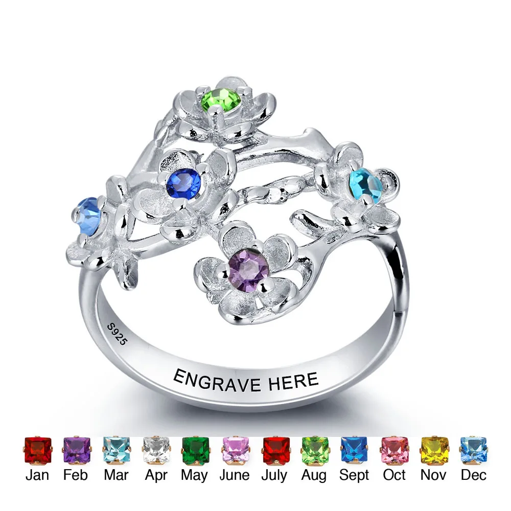 

Personalized 925 Sterling Silver 12 Birthstone DIY Rings Colorful Flower Love Family Promise Names Rings With Box