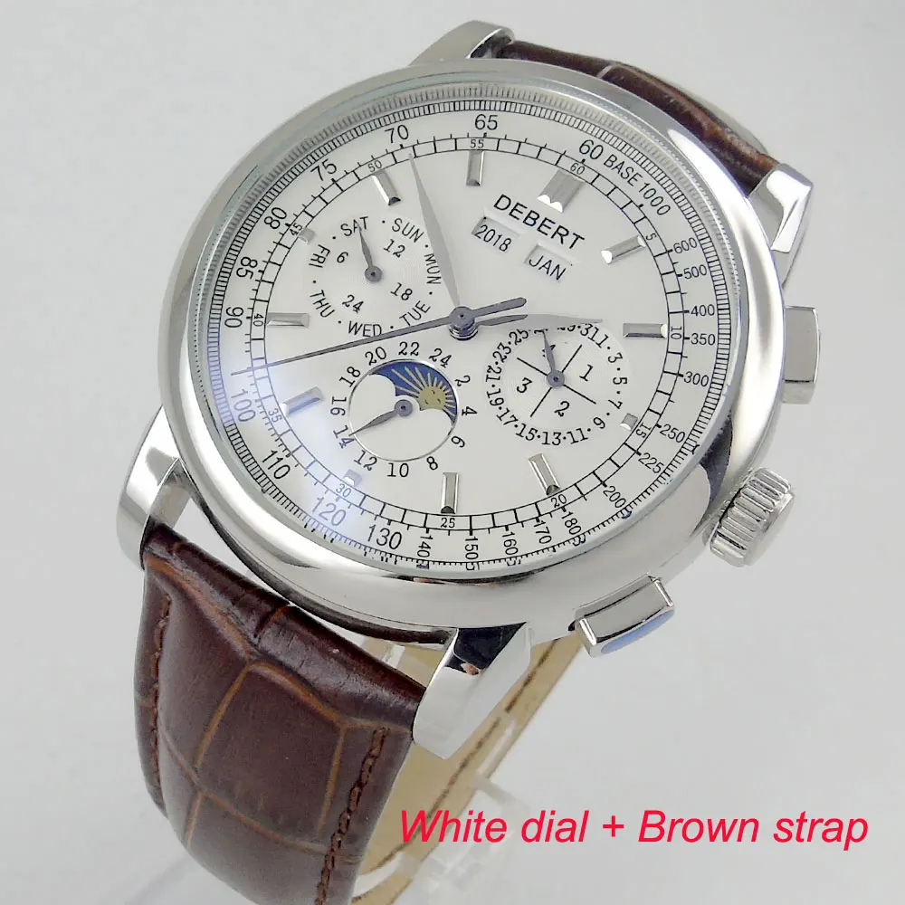 42 мм deber известный наручные часы для мужчин многофункциональный Луна Дата Неделя дисплей кофе кожаный ремешок водонепроницаемый механический автоматический 98 - Цвет: White dial 2