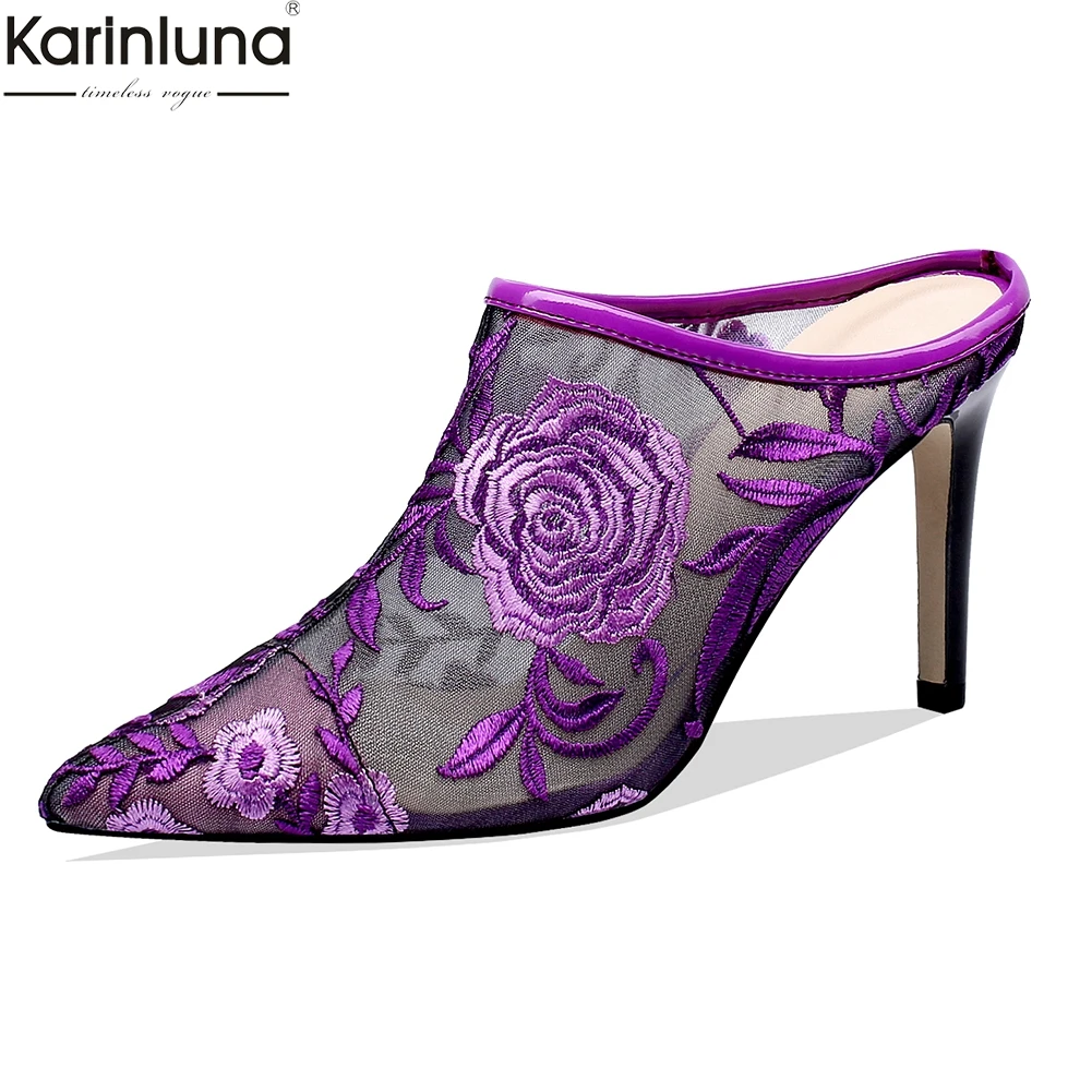 

2019 ethnic air mesh flowers embroider Mules shoes Women thin high Heels pointed toe pumps Women Shoes woman