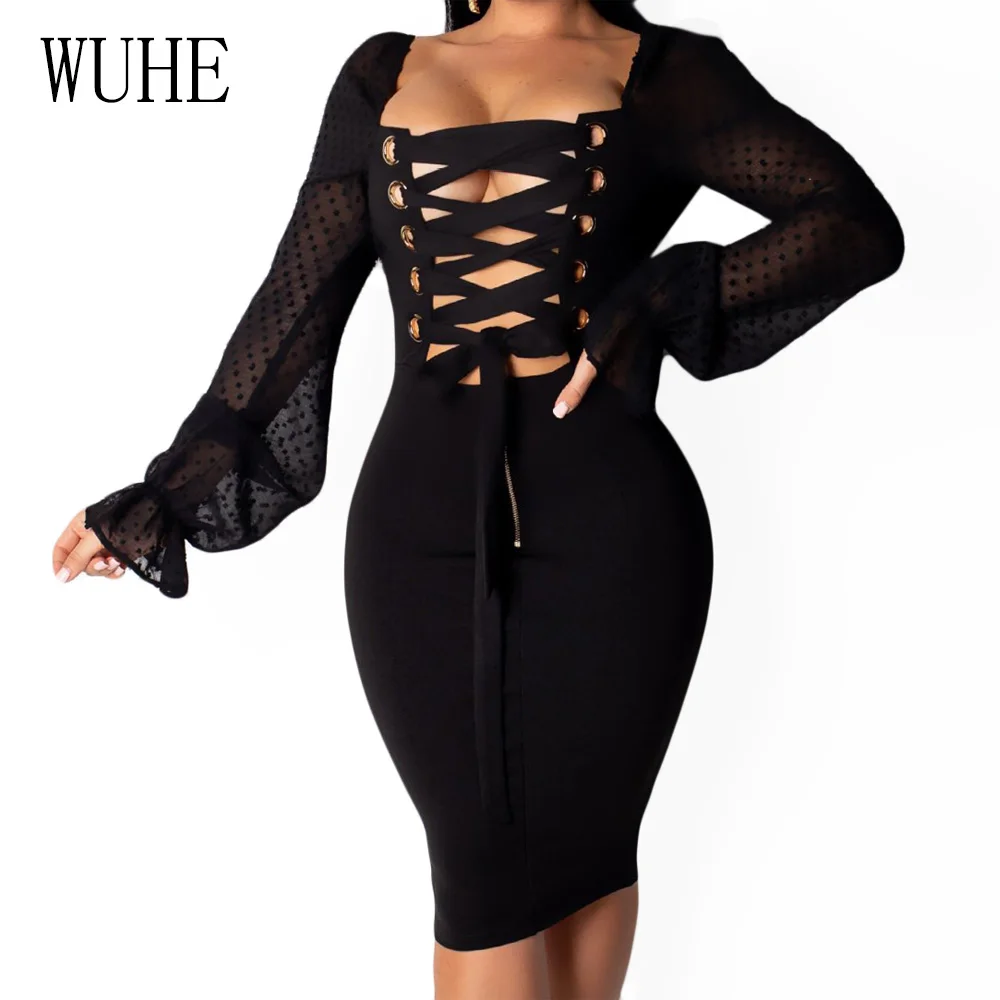 

WUHE Womens Patchwork Bamboo Chiffon Dress Elegant Transparent Long Sleeve Front Hollow Out Cross Bandage Bodycon Pencil Dress