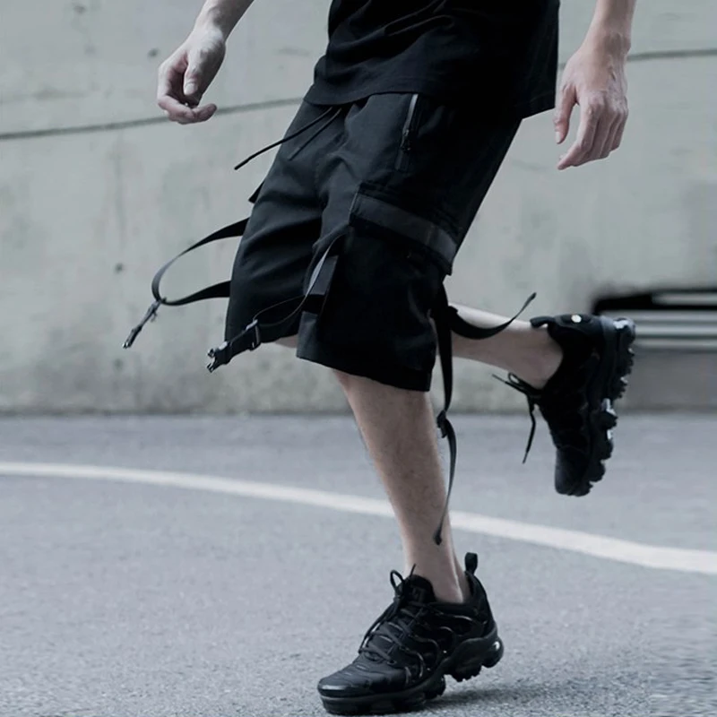 Черные шорты для мужчин Уличная 2019 ленты дизайн короткие спортивные штаны мужские летние черные брюки с несколькими карманами шорты