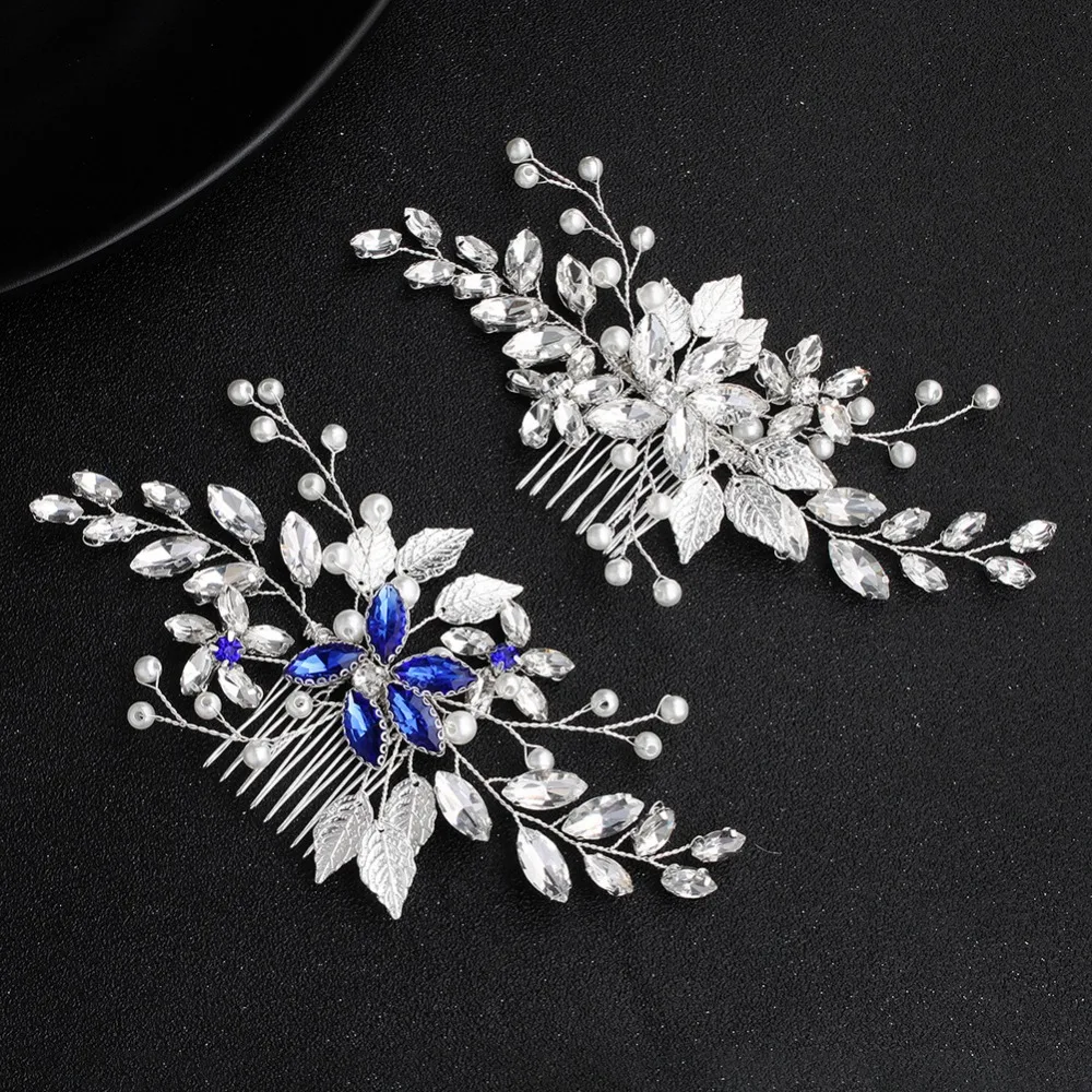 

Leaf Hair Combs Silver/Blue Crystal Wedding Hair Accessories Women Bridal Head Decoration Hair Ornament Pearl Handmade Jewelry