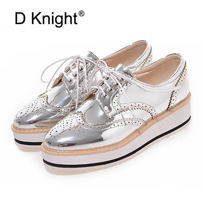 

Plus Size 34-43 Women Winged Oxford Lace Up Striped Creppers Metallic Silver Black Vintage Platform Brogue Low Heel Female Shoes