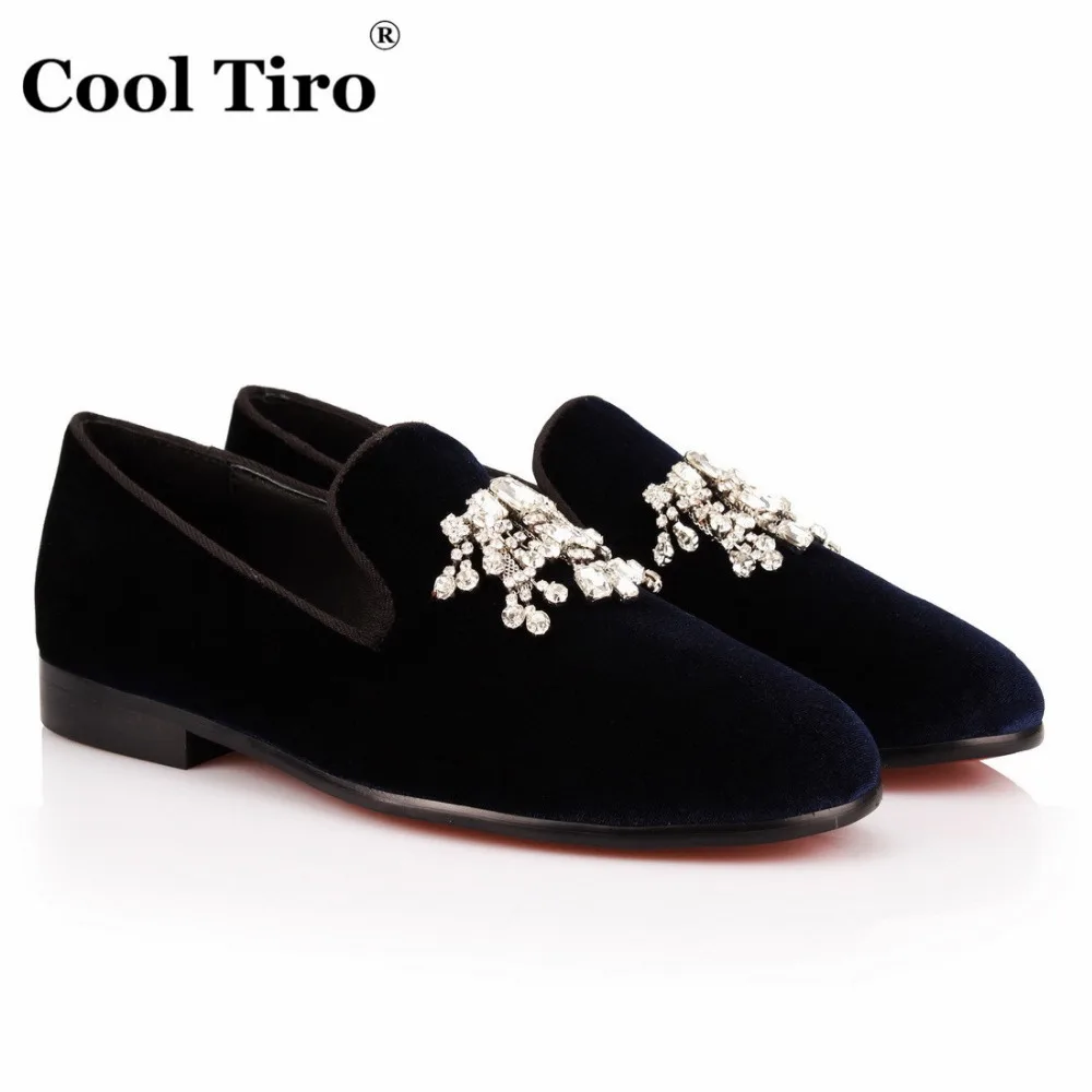 

COOL TIRO New Blue velvet rhinestone flower men loafers party and wedding High quality Handmade Fashion flats Smoking shoes