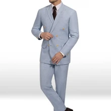 Изготовленный на заказ светло-голубой льняной Жених приталенные смокинги двубортный мужской свадебный Выпускной вечерние костюм жениха