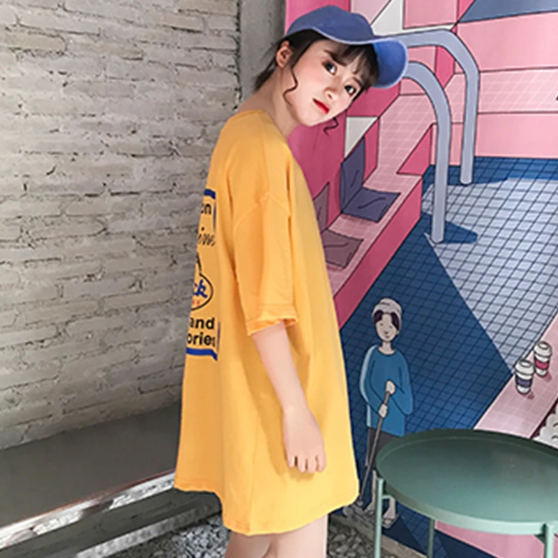 

Women Yellow White Print Letter Round Neck Short Sleeve Long Length Basic Femme T Shirts 2019 Ladies Top Cheap Product