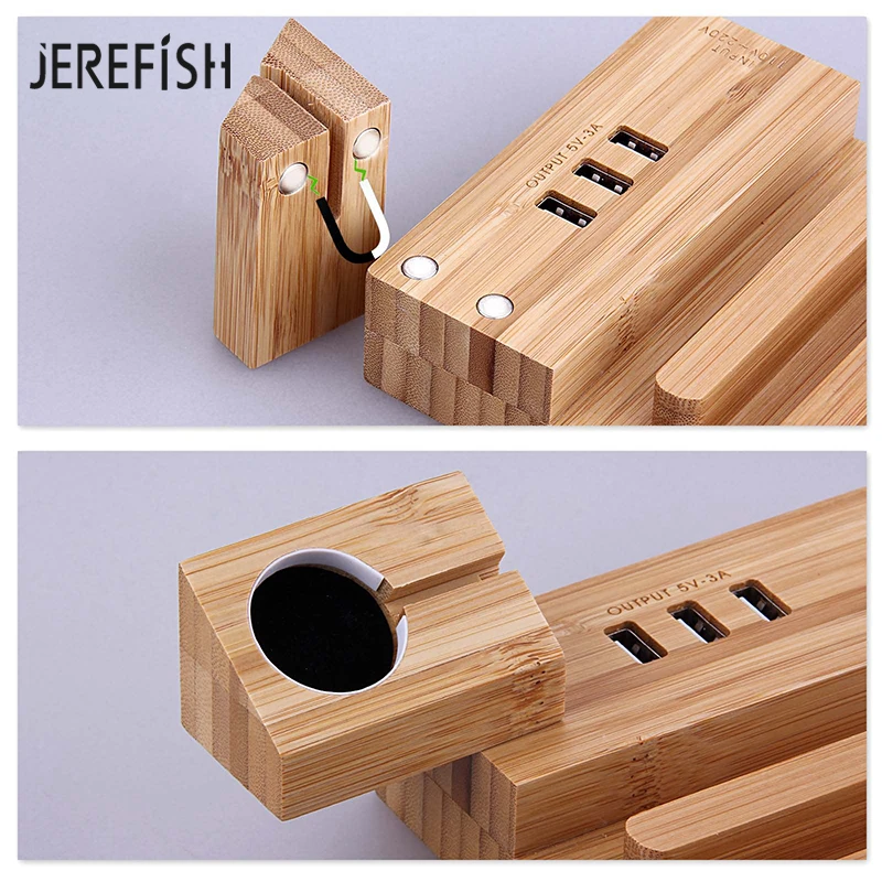 Jerefish الخشب usb شحن محطة حوض شاحن حامل حامل ل أبل ووتش فون 6 7 قرص الهاتف المقبس جبل متعددة-وظيفة