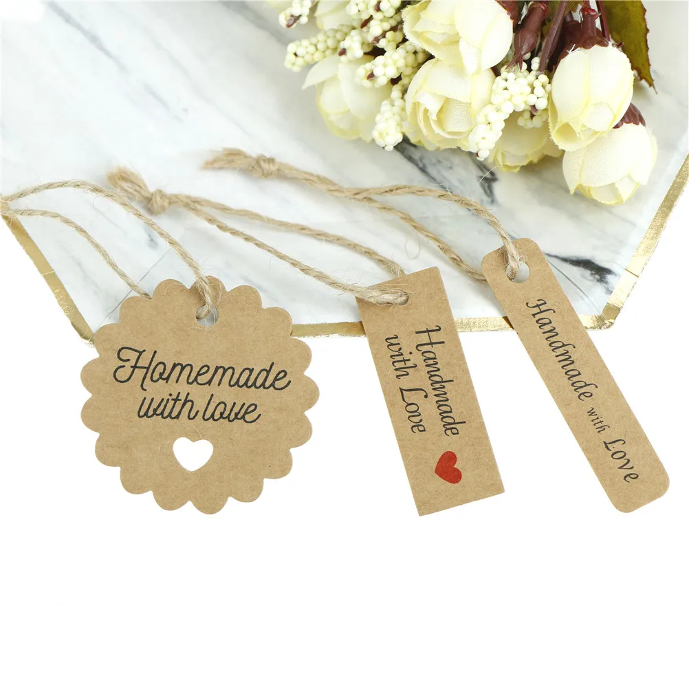 100PCS Cute Handmade With Love Paper Tags With Rope Paper Card Tag Labels DIY Crafts Party Favors Gift Wrapping Supplies 3 Style