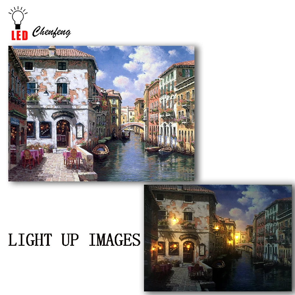 Billig Led Leinwand öl malerei Städtischen cafe mit Antike Shop Straße Szene wand bild beleuchtet leinwand druck licht up wand kunst decor