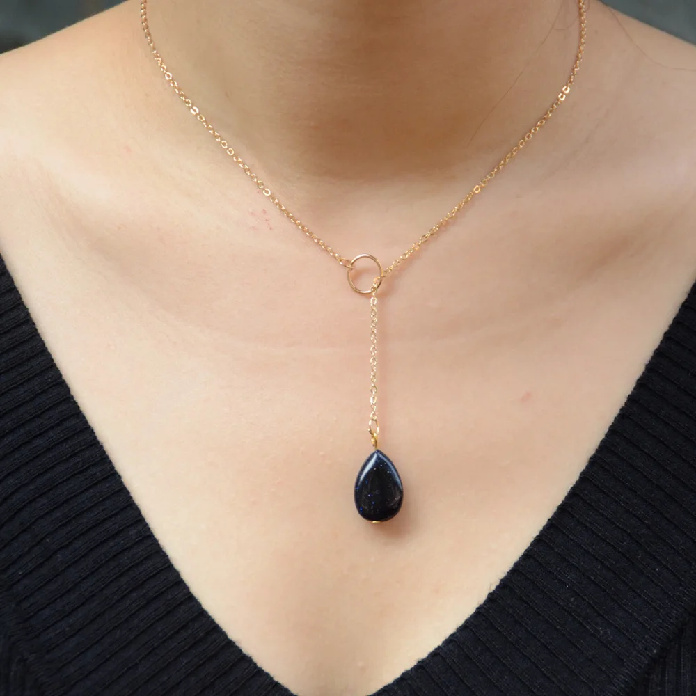 

50pc Natural Stone Shiny Pendant Necklace Blue Flat Quicksand Shiny Stone Necklace For Her