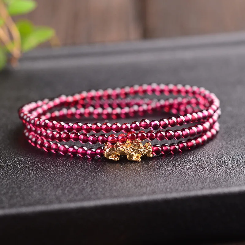 

Natural Garnet 3mm Small Beads Bracelet With Gold Color Pixiu Charm Lucky Amulet Money Women Fengshui Jewelry