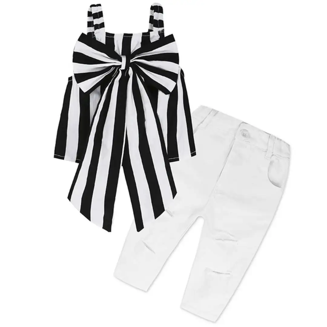 2pcs Toddler Kids Baby Girls Outfits Stripe bow tops+pants Clothes Sets