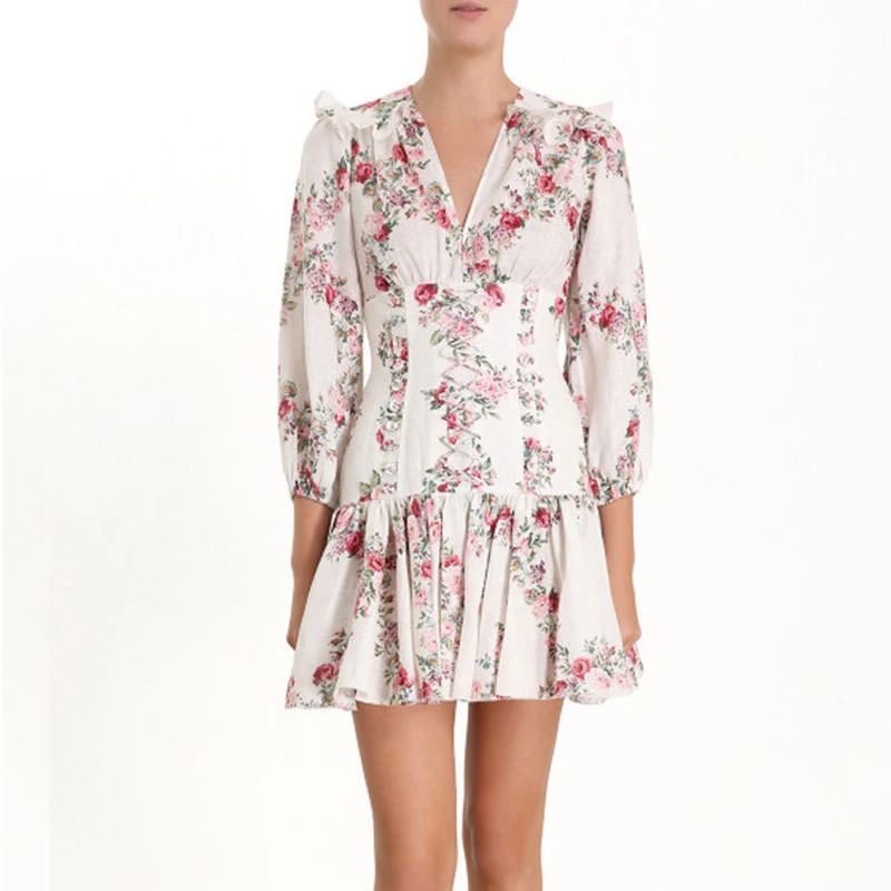 

2019 Runway Designer Floral Print Elegant Woman Mini Dresses Deep V-Neck High Waist Hollow Out Ruffles Pleated Short Dress