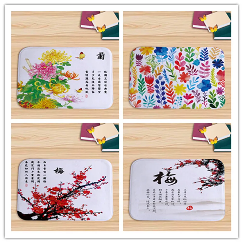 Doormat Print Chinese Style Plants and Text Orchid Bamboo Plum
Chrysanthemum Floor Mat Flannel Fabric Soft Rug