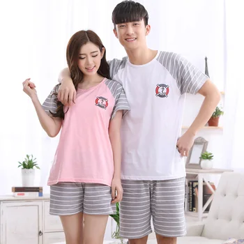 

Brand Summer Couples Sleepwear Women Pajamas Striped Pajama Sets Cotton Pijama hombre Masculino Simple Pyjamas Men's Pajamas